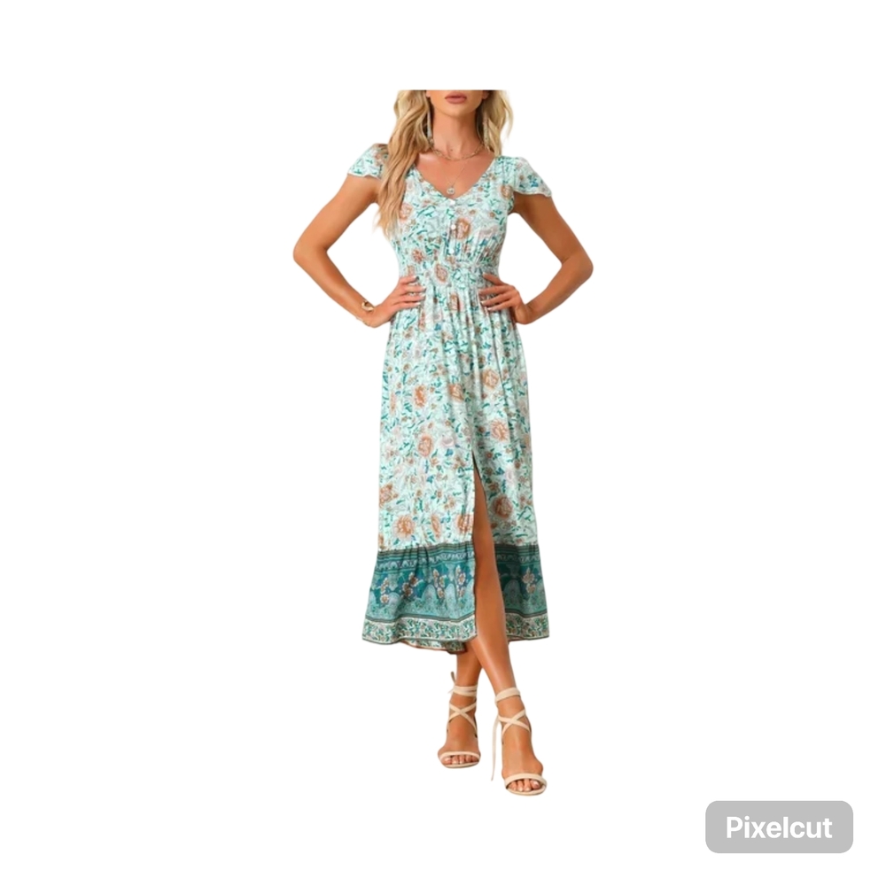 NWOT Allegra K Floral Midi Dress in Blue and Green Size XL